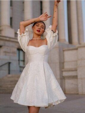 AVA GOWNS White Jacquard Corset Mini Dress Puff Sleeve Fit Flare Bridal NWT